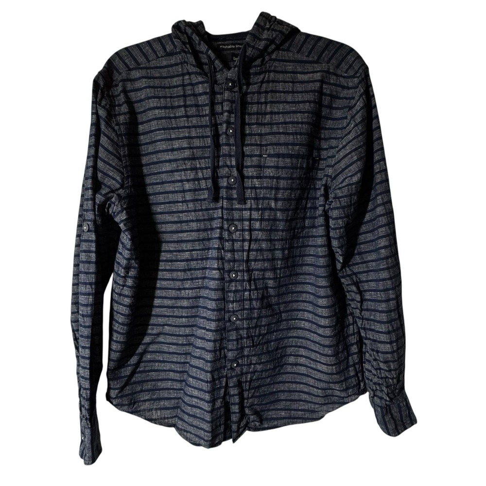 Bruno Hoodie Mens Small Blue Striped Washable Linen‎ Long Sleeve Drawstring